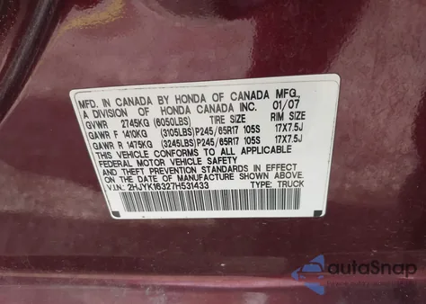 2007 Honda Ridgeline Rtx from USA, damaged, VIN 2HJYK16327H531433